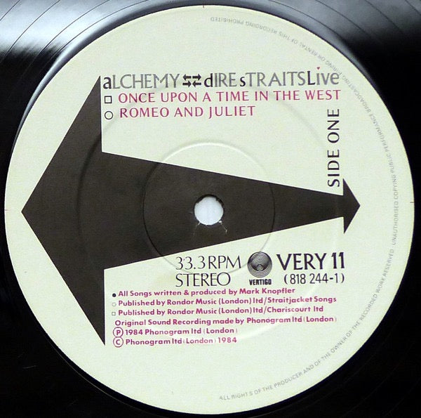 Image of Label Cover of 4915491C: 2xLP - DIRE STRAITS, Alchemy - Dire Straits Live (Vertigo; VERY 11, UK 1984, Gatefold, Tone Runout) Bottom seams split on sleeve. VG/VG+