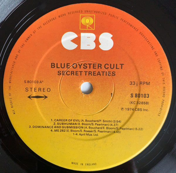 Image of Label Cover of LP - VG/VG+ - BLUE YSTER CULT, Secret Treaties (CBS Sunburst Label; S 80103, UK 1970s Reissue, Circle After S80103A ON Labels), , - 2816280C