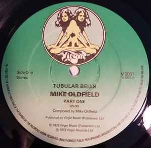Image of Label Cover of 5025392E: LP - MIKE OLDFIELD, Tubular Bells (Virgin; V2001, UK 1976, Green labels, "Part One"/"Part Two" on labels) Corner bumps. VG/VG+
