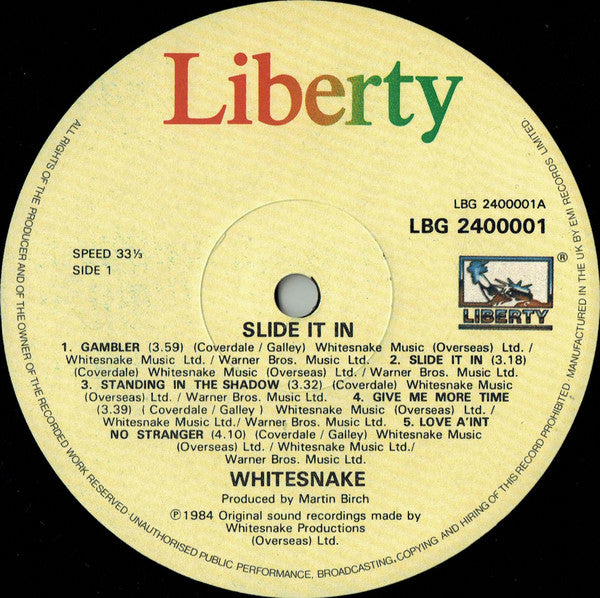 Image of Label Cover of 5015454C: LP - WHITESNAKE, Slide It In (Liberty; LBG 2400001, UK 1984, Inner With Thumb Cut On Side A Lyrics, Barcode, Utopia Runouts) VG/VG