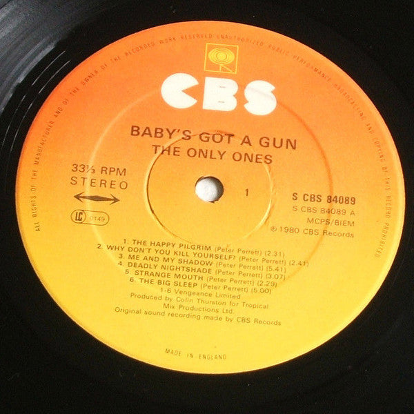 Image of Label Cover of LP - VG/VG+ - THE ONLY ONES, Baby's Got a Gun (CBS; 84089, UK 1980, Insert), Considerable edge and ring wear but sturdy sleeve. Moisture dots on insert., - 3346254S