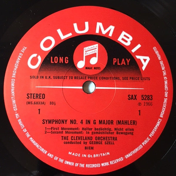 Image of Label Cover of 5025163E: LP - GEORGE SZELL, THE CLEVELAND ORCHESTRA, JUDITH RASKIN, Mahler: Symphony No. 4 In G (Columbia; SAX 5283, UK 1967, Laminated Flipback Sleeve) Very Light Surface Noise VG+/VG