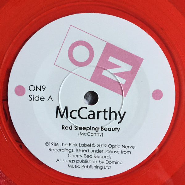 Image of Label Cover of 5125222E: 7" - MCCARTHY, Red Sleeping Beauty / From The Damned (Optic Nerve Recordings; ON9, UK 2019 Reissue, Picture Sleeve, Poster & Postcard, Red Vinyl, Pre-Stereolab) EX/EX