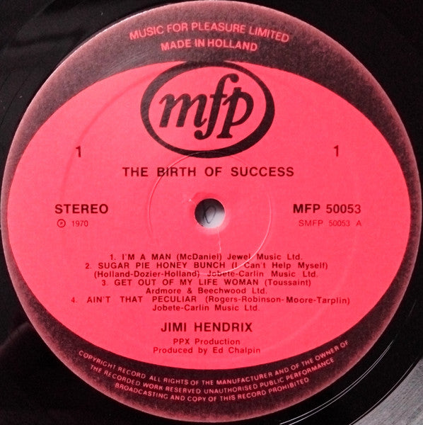 Image of Label Cover of 5115129C: LP - JIMI HENDRIX, Birth Of Success (Music For Pleasure; MFP 50053, Netherlands 1970s Reissue, Laminated Sleeve, Made in Holland, Manufactured By EMI on Rear Sleeve) VG/VG