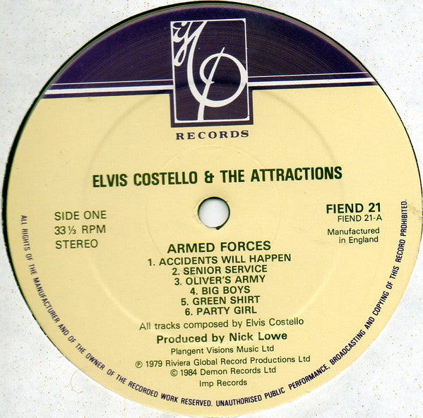 Image of Label Cover of LP - VG/VG+ - ELVIS COSTELLO AND THE ATTRACTIONS, Armed Forces (Imp Records; FIEND 21, UK 1984 Reissue, Company Insert), Light Edge and Ring Wear, - 1646260S