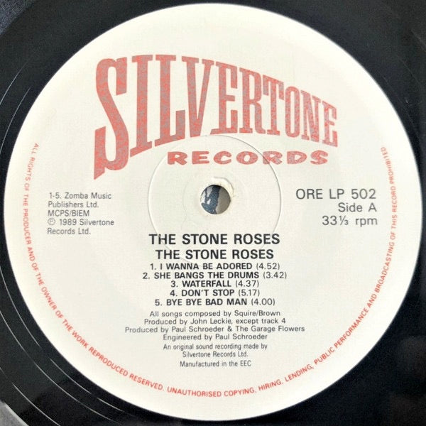 Image of Label Cover of LP - VG/F - THE STONE ROSES, The Stone Roses (Silvertone Cream And Red Labels; ORELP502, UK 1989 Reissue, Non-Embossed Sleeve, Inner), Disc covered in hairlines and light marks, Plays with surface noise, Doesn't seem to skip, Wear to edges but no splits, - 2816129C