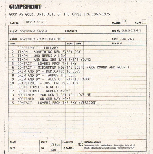 Image of Label Cover of 0136010E: 5xCD - VARIOUS, Good As Gold (Artefacts Of The Apple Era 1967-1975) (Grapefruit Records; CRSEGBOX093, Europe 2021, Box Set) EX/EX