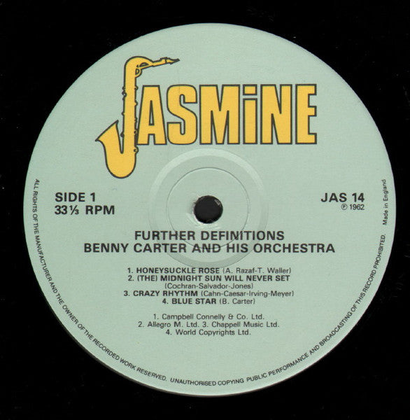 Image of Label Cover of LP - VG/VG+ - BENNY CARTER AND HIS ORCHESTRA, Further Definitions (Jasmine Records; JAS 14, UK 1980s Reissue), , - 0116327C
