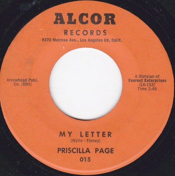 Image of Front Cover of 7" - /G+ - PRISCILLA PAGE, My Letter / Dreaming (Alcor Records; 015, US 1962), , - 0156168S