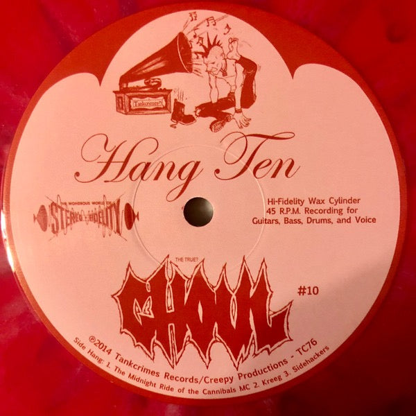 Image of Label Cover of 10" - VG+/VG+ - GHOUL, Hang Ten (Tankcrimes; TC76, US 2014, Stickered Plastic Sleeve, Limited To 300 On Pink/Red Splatter Vinyl), , - 0116465C