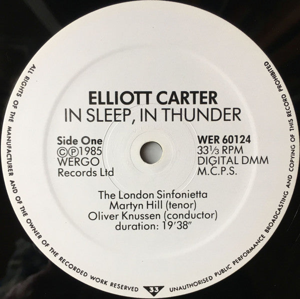 Image of Label Cover of LP - VG+/VG+ - OLIVER KNUSSEN, LONDON SINFONIETTA, MARTYN HILL, Carter: In Sleep, In Thunder / Triple Duo (Wergo; WER 60124, Germany 1985, Signed by Elliott Carter in Marker Pen on Front Sleeve), , - 0226101E