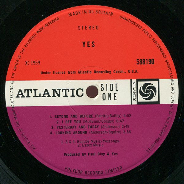 Image of Label Cover of LP - G+/G+ - YES, Yes (Atlantic Plum & Orange; 588190, UK 1969, Unipak Style Gatefold . With Right Hand Opening, Insert, Produced By Paul Clay and Yes at Bottom of Label), Sleeve Edges Taped, Slightly Wavy Sleeve, - 0226109E