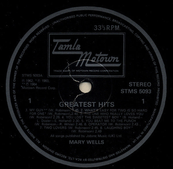 Image of Label Cover of LP - VG/VG+ - MARY WELLS, Greatest Hits (Tamla Motown; STMS 5093, UK 1983 Reissue), , - 0326002E
