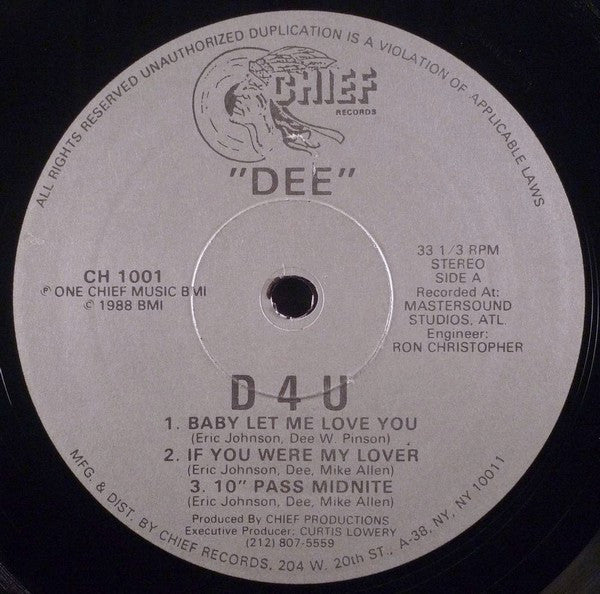 Image of Front Cover of 0226148E: 12" - DEE, D4U (Chief Records; CH 1001, US 1988) Very light warp, and some marks causing light crackle and a couple of pops here and there, but no skips /G+