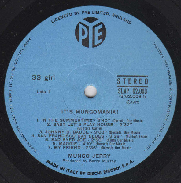 Image of Label Cover of LP - VG/VG - MUNGO JERRY, It's Mungomania! (Pye Records; SLAP 62.008, Italy 1970, Gatefold), Strong VG Throughout, - 0316181C