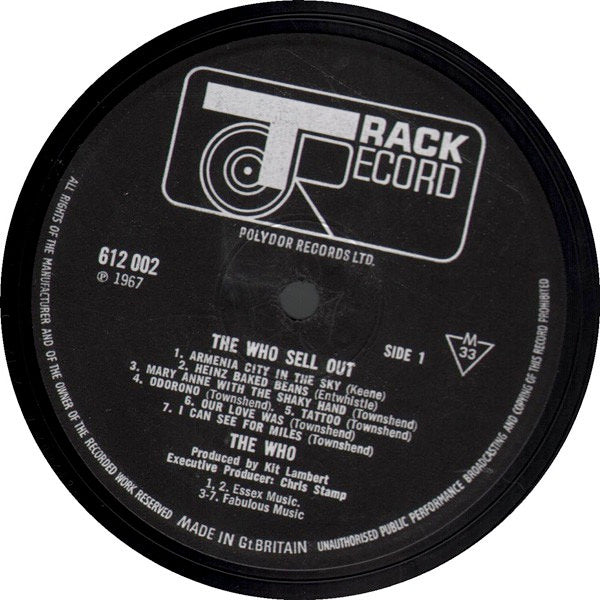 Image of Label Cover of LP - G+/G+ - THE WHO, Sell Out (Track; 612002, UK 1967, Laminated Sleeve, No Poster, Mono), Strong G+ almost VG - just 1 feelable scratch on track4, light hairlines, edge wear, very small tear on opening edge, laminate creasing, - 3646235S