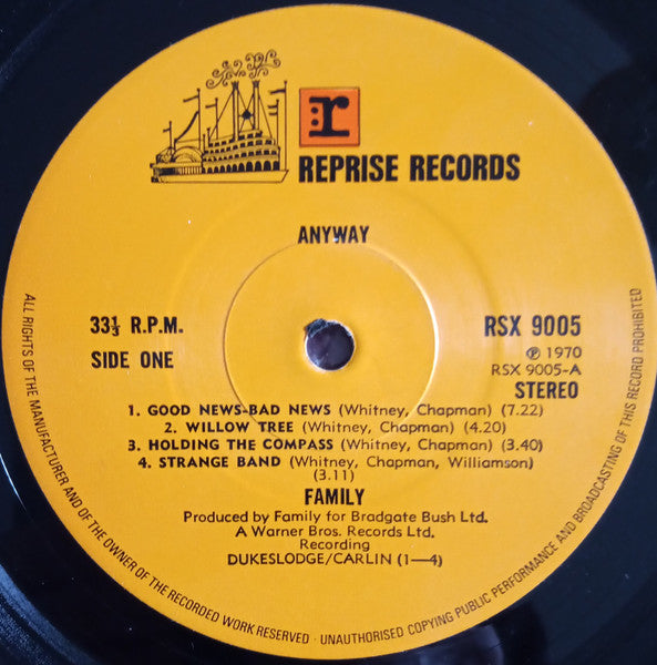Image of Label Cover of 0346245S: LP - FAMILY, Anyway (Reprise Records; RSX 9005, UK 1970, Gatefold Fold Over cover with Printed Textured Polythene Outer , No "Distributed by Kinney Record Group Ltd." below Warner Bros. Records Ltd, bottom left of left inner gatefold) Flap of outer polythene taped VG/VG+