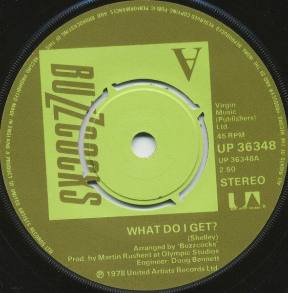 Image of Label Cover of 7" - VG/VG+ - BUZZCOCKS, What Do I Get / Oh Shit (UA; UP36348, UK 1978, Picture Sleeve), Strong VG+, Sticker Damage To Sleeve, - 4226133E