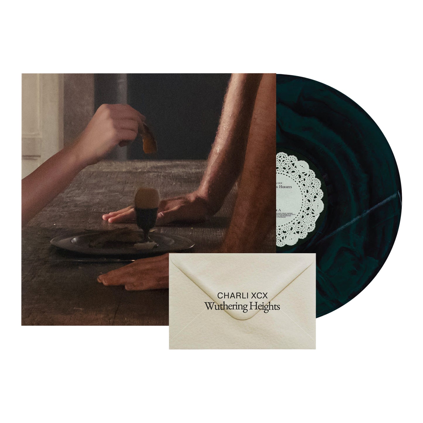 Image of Back Cover of LP - NEW/NEW - CHARLI XCX, Wuthering Heights (Atlantic; 75678590818, Europe 2026, Single Sleeve, Inner, Black & Green Marbled Vinyl, single jacket with a printed inner sleeve and a decorative printed doily vinyl label. It includes a 5 x 8 lyric booklet enclosed in an envelope.), , - 0716045C
