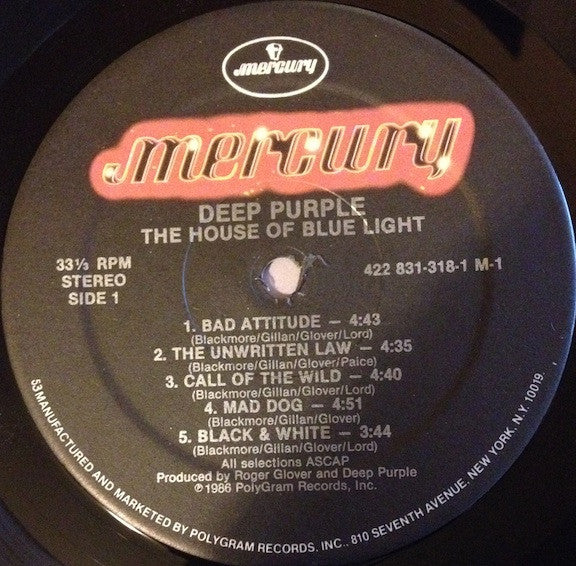 Image of Label Cover of 0546086S: LP - DEEP PURPLE, The House Of Blue Light (Mercury; 831 318-1 M-1, US 1987, NO Inner, 53-Hauppauge Pressing) Promo notch cut in bottom of cover, corner crease VG/VG