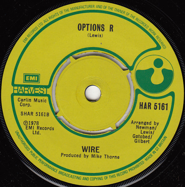 Image of Back Cover of 7" - /VG+ - WIRE, Dot Dash / Options R (Harvest; HAR 5161, UK 1978, No picture sleeve), No picture sleeve, - 0656029S