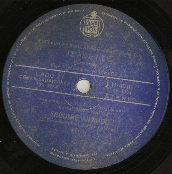 Image of Back Cover of 7" - /G+ - JEANETTE, Porque Te Vas (Hispavox; H-4010, Argentina 1974, Plain Sleeve), Hairlines across both sides but plays well above grade., - 3256088S