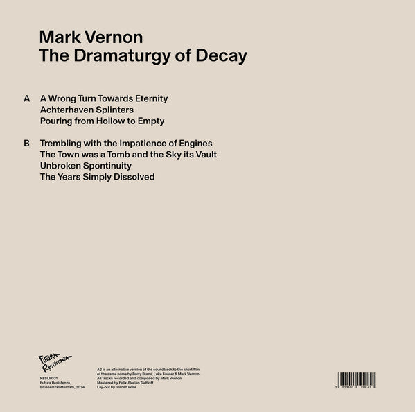 Image of Back Cover of LP - VG+/VG+ - MARK VERNON, The Dramaturgy of Decay (Futura Resistenza; RESLP031, Belgium 2024, Picture Sleeve), , - 0626267E