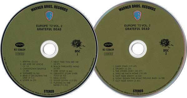 Image of Label Cover of 2xCD - G+/VG+ - GRATEFUL DEAD, Europe '72 Vol. 2 (Rhino Records; R2 528639, US 2011, Booklet), Red promo label on front and white tracklist label on back. Lots of wear to sleeve. A 1 cm tear from the spine into the front. Some corner knocks. Light Marks only on both discs., - 0656175S