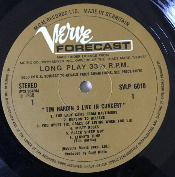 Image of Label Cover of LP - G+/VG - TIM HARDIN, Tim Hardin 3 Live In Concert (Verve Forecast; SVLP 6010, UK 1968, Laminated Front Sleeve), Sleeve has many creases and ringwear. Rear has discolouration.Light marks on the vinyl. , - 0726093E