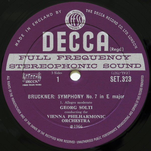 Image of Label Cover of 2xLP - VG/VG+ - GEORG SOLTI, VIENNA PHILHARMONIC ORCHESTRA, Bruckner: Symphony No. 7 In E / Wagner: Siegfried Idyll (Decca; SET 323-4, UK 1966, Box Set, Booklet), , - 0626089E