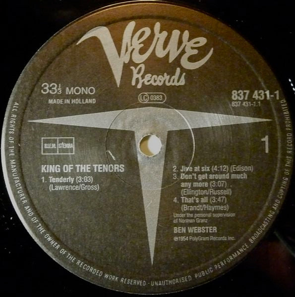 Image of Back Cover of LP - VG/VG+ - BEN WEBSTER, King Of The Tenors (Verve Records; 837 431-1, Europe Reissue), Slight creasing, discolouring and small sticker on sleeve., - 0746249S