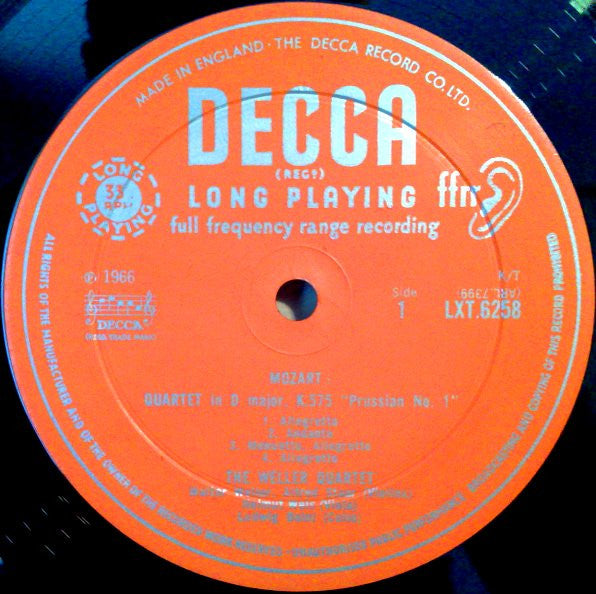 Image of Label Cover of LP - VG/VG+ - THE WELLER QUARTET, Mozart: Quartets K.575 In D "Prussian No.1" / K.590 In F "Prussian No. 3" (Decca ; SXL 6258, UK 1967, Laminated Front Sleeve, Mono), Minor Ringwear and Discolouration, - 0726110E