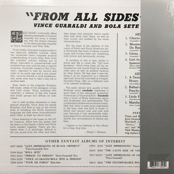 Image of Back Cover of LP - NEW/NEW - VINCE GUARALDI & BOLA SETE, From All Sides (Concord; 7273994, Europe 2026 Reissue, Original Jazz Classics Series on 180-gram Vinyl), , - 0956058S