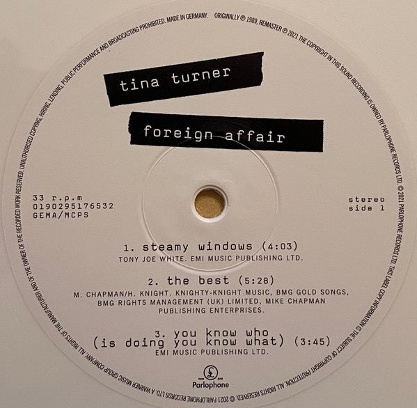 Image of Label Cover of 2xLP - NEW/NEW - TINA TURNER, Foreign Affair (Parlophone ; 0190295176532, Europe 2021 Reissue, Gatefold, Limited Edition, Remastered, White Vinyl), , - 0736168E