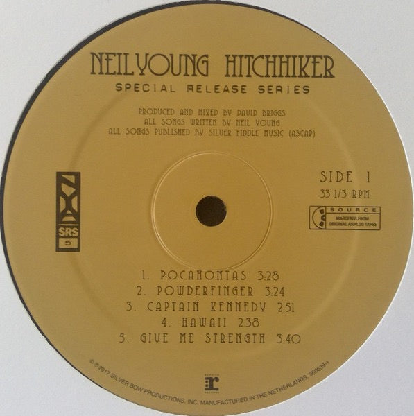 Image of Label Cover of LP - VG+/VG+ - NEIL YOUNG, Hitchhiker (Reprise Records; 9362-49126-1, Europe 2017, Poster, "Source" Box on labels), , - 0716538C