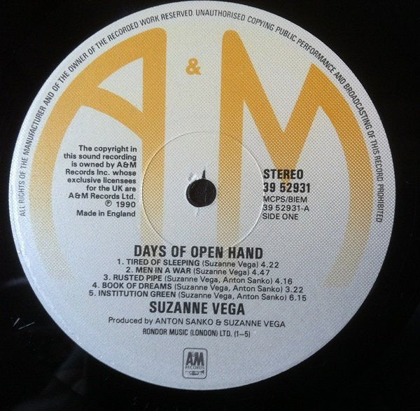 Image of Label Cover of LP - VG/VG+ - SUZANNE VEGA, Days Of Open Hand (A&M Records; 395 293-1, UK 1990, Inner), , - 0726427E