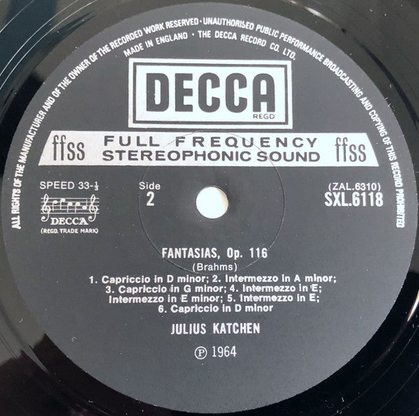 Image of Label Cover of LP - EX/VG+ - JULIUS KATCHEN, Brahms: The Complete Piano Works Vol. 2 (Decca Black Boxed Narrowband; SXL 6118, UK 1976, Laminated Front Sleeve), , - 0826079E