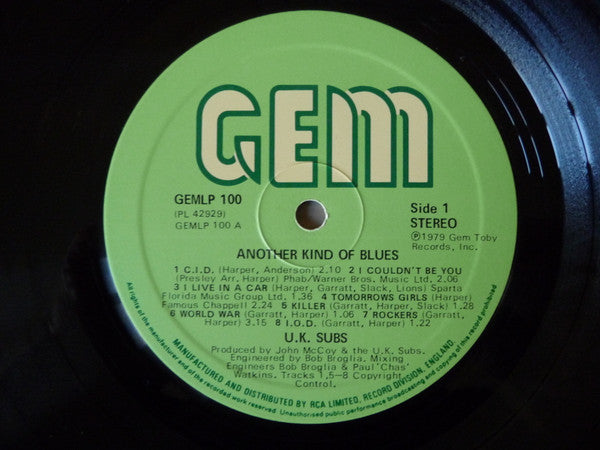 Image of Label Cover of LP - G+/G+ - U.K. SUBS, Another Kind Of Blues (GEM; GEMLP 100, UK 1979 Reissue, Inner), Edge and ring wear, old shop stickers., - 0846133S
