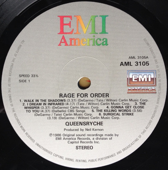 Image of Label Cover of LP - VG/VG - QUEENSR CHE, Rage For Order (EMI America; AML 3105, UK 1986, Inner With Curved Corners, No Barcode), Strong VG Throughout. Light wear to sleeve, Just a few light wispy marksto disc, Clean and glossy, - 0816457C