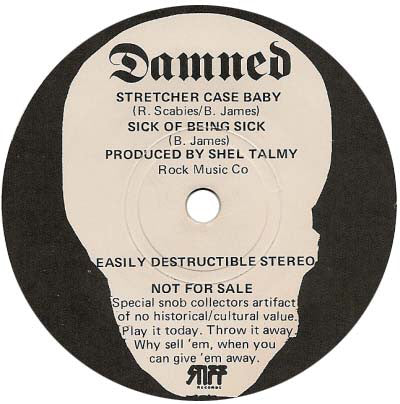 Image of Label Cover of 3125173E: 7" - THE DAMNED, Stretcher Case Baby / Sick Of Being Sick (Stiff; none, UK 1977, Picture Sleeve, Limited Edition of 5000 copies) A couple of the lightest hairlines only. VG+/VG+