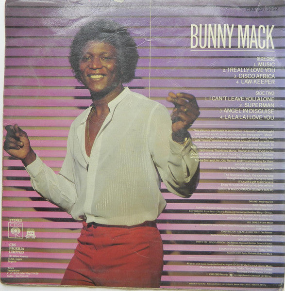 Image of Back Cover of LP - VG/VG+ - BUNNY MACK, Bunny Mack (CBS Sunset; CBS (N) 1002, Nigeria 1983), , - 0926034E