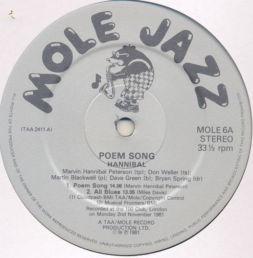 Image of Label Cover of LP - VG+/VG+ - HANNIBAL, Poem Song (Mole Jazz; MOLE 6, UK 1981), , - 0926108E