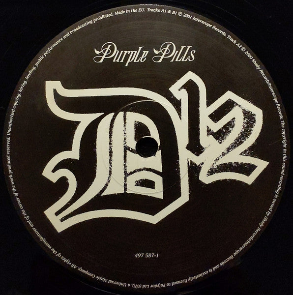 Image of Label Cover of 12" - VG/VG - D12, Purple Pills (Interscope Records; 497 587-1, UK 2001, Picture Sleeve), Sleeve has wear at corners, creasing; sticker ghosts on front, - 0916313C