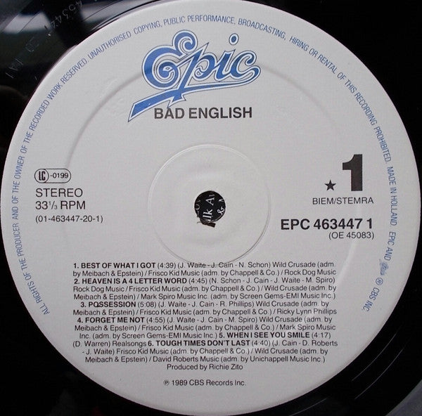 Image of Label Cover of LP - VG+/VG - BAD ENGLISH, Bad English (Epic; EPC 463447 1, Europe 1989, Inner), Light hairlines. , - 0916475C