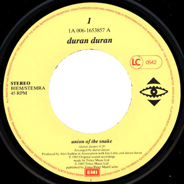 Image of Label Cover of 7" - VG+/EX - DURAN DURAN, Union Of The Snake (EMI ; 1A 006-1653850, Netherlands 1983, Picture Sleeve, With Six Inch Flexi Disc), Ring Wear, - 0926404E