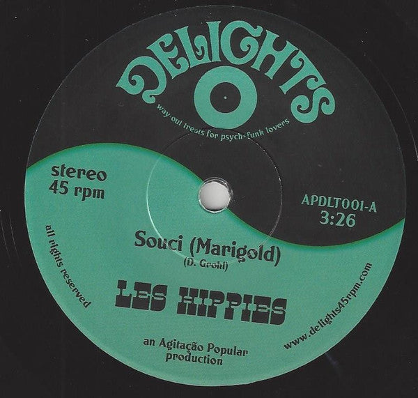 Image of Back Cover of 7" - VG+/EX - LES HIPPIES, Souci (Marigold) / Soleil Couchant (Audio Montage Entertainment ; APDLT001, Israel 2021 Reissue, Silk Screened One Sheet Sleeve, Numbered Limited Edition), Limited Edition No 143/150, - 1026062E