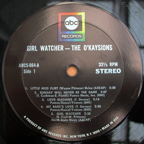 Image of Label Cover of LP - VG+/VG+ - THE O'KAYSIONS, Girl Watcher (ABC Records ; ABCS-664, US 1968, Company Inner), , - 1026101E