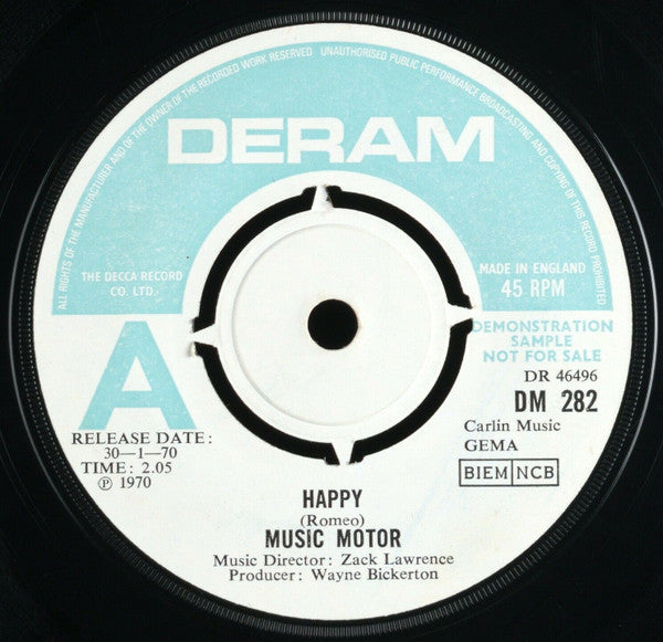Image of Front Cover of 7" - G+/VG - MUSIC MOTOR, Happy / Where Am I Going (Deram; DM 282, UK 1970, Promo, Company Sleeve), Sticker on Label, - 1056023S