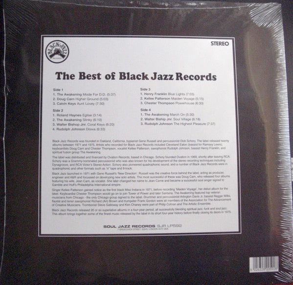 Image of Back Cover of 2xLP - NEW/NEW - VARIOUS ARTISTS, Soul Jazz Records Presents BLACK JAZZ RECORDS - The Best Of Black Jazz Records (Soul Jazz Records; SJRLP592, Europe 2026, 2 Inners), , This album brings together some of the finest music ever released on Black Jazz Records who, in their short four-year history, between 1971 and 1975, released over 20 superlative albums which all successfully blended spiritual jazz, funk and soul jazz of the highest calibre. Similar to other independent jazz labels at
