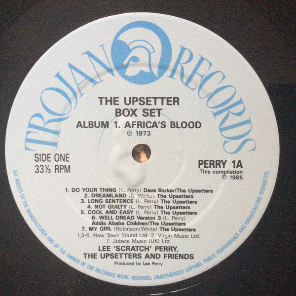 Image of Label Cover of 3xLP - VG/VG+ - LEE 'SCRATCH' PERRY, THE UPSETTERS & FRIENDS, The Upsetter Box Set (Trojan Records; PERRY 1, UK 1985, Box Set, 3 Inners, Limited Edition, No Barcode, White/Blue Labels), Light edge and corner wear to box. Strong seams. Nice clean discs., - 1046147S
